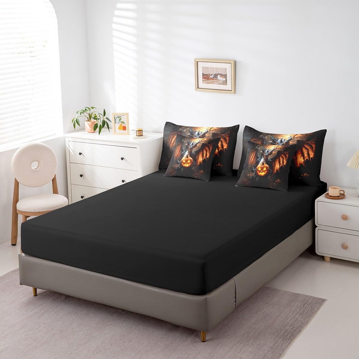 7 Pieces Pumpkin Lantern Dragon Comforter Set Queen,Happy Halloween Bed Set for Kids Boys Girls,Horror Night Bedding(1 Comforter,1 Fitted Sheet,1 Flat Sheet,2 Pillowcases,2 Throw Pillow Cover)