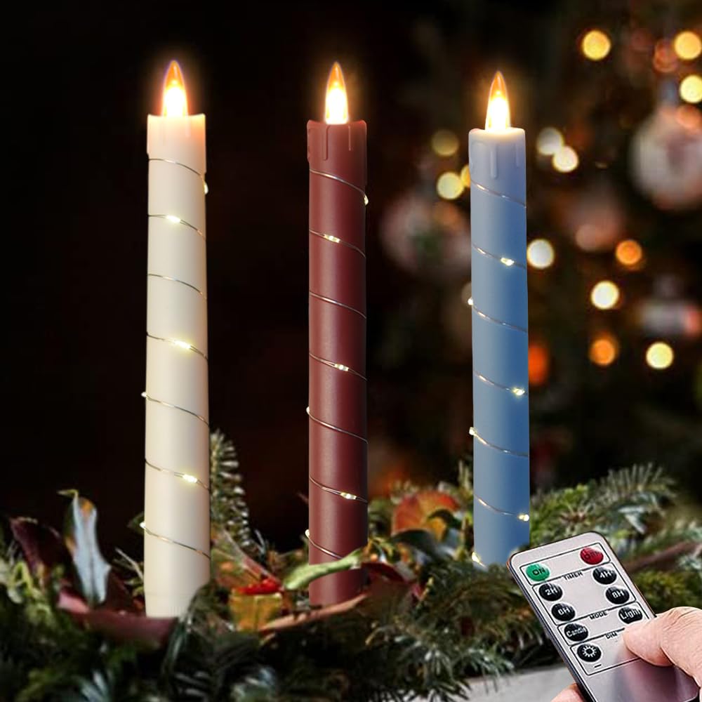 Flameless Cone Candle with Built-in Star String Light, 11-Button Remote Control, Timer, Battery Powered, Simulated Flame, 3-Pack Window Candle, Christmas Home & Wedding Decoration (White, red, Blue)