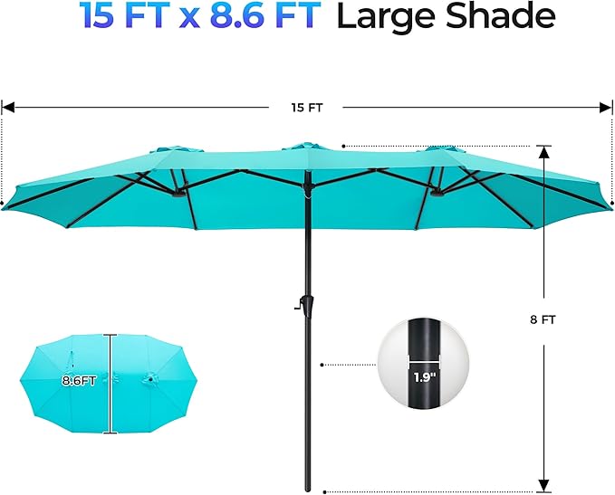 SUPERJARE 15FT Outdoor Umbrella for Patio, Double sided Pool Umbrellas with Fade Resistant Canopy, Large Table Umbrella for Deck, Market, Backyard - Light Blue