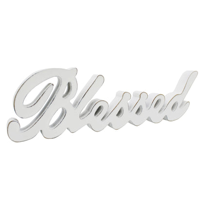 CVHOMEDECO. Blessed Sign Free Standing Wooden Words Sign for Gift and Table/Shelf/Home Wall/Office Decoration, Distressed White, 15 x 4-1/4 x 1 Inch