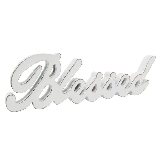 CVHOMEDECO. Blessed Sign Free Standing Wooden Words Sign for Gift and Table/Shelf/Home Wall/Office Decoration, Distressed White, 15 x 4-1/4 x 1 Inch