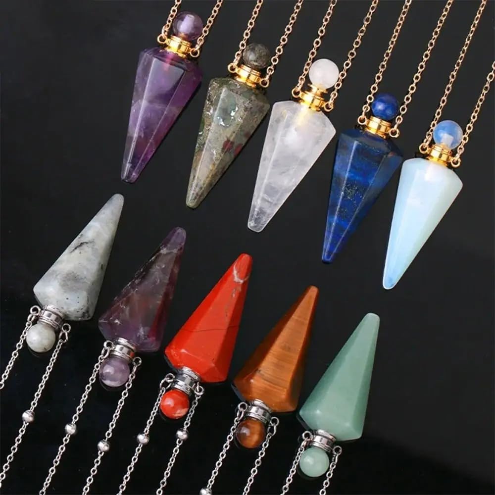 925 Sterling Silver Essential Oil Necklace For Women And Men, Natural Crystal Stone Cone Shape Pendant Necklace Healing Perfume Bottle Necklace Essential Oil Pendant Necklace (3 - Essential Oil Necklace)