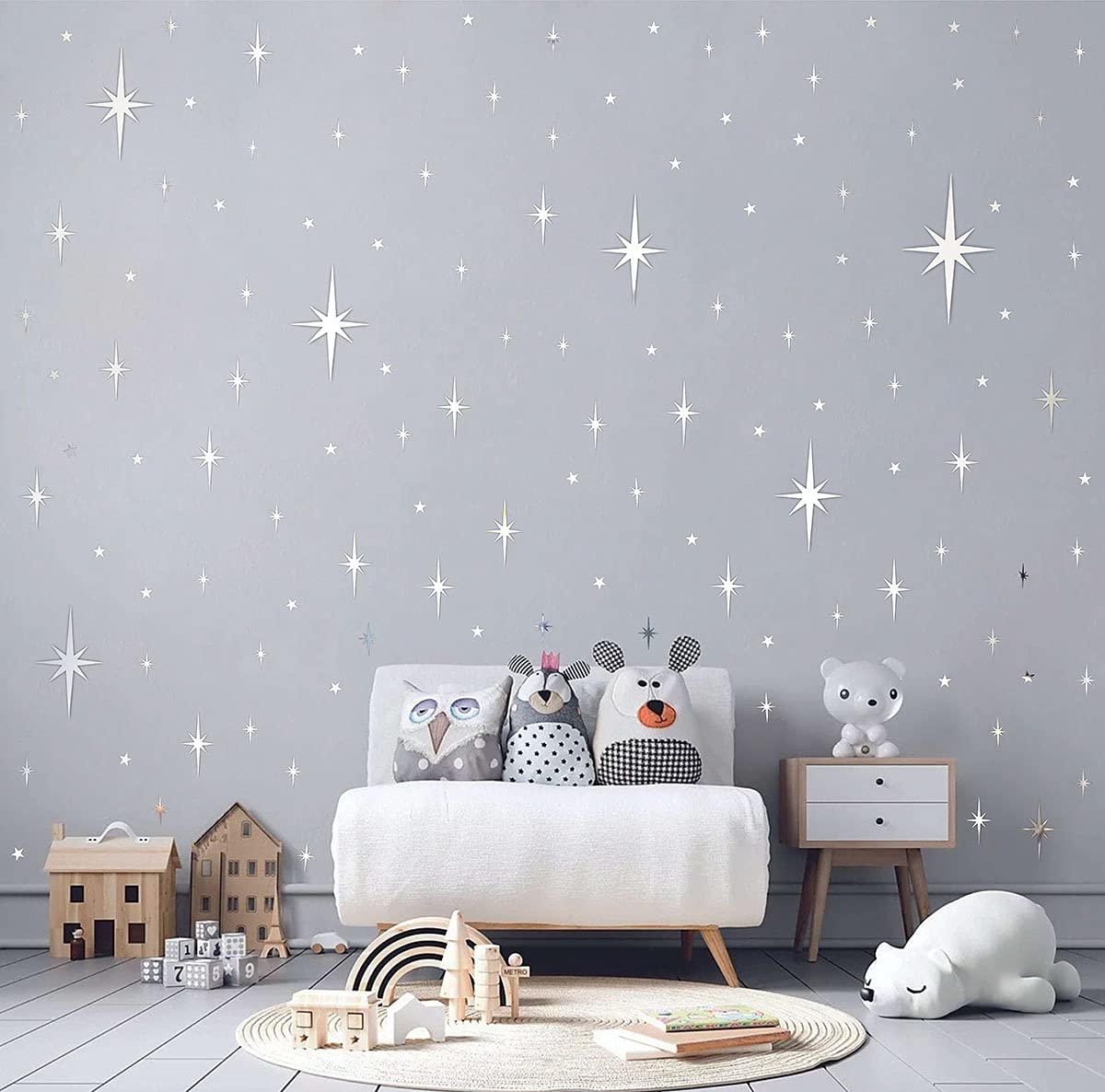 Easma Retro Starburst Mirror Wall Decals Silver 3D Acrylic Sparkle Wall Decors Star Walls Stickers Removable Stars Decals Bathroom Bedroom Living Room Home Walls Decors(123pcs)