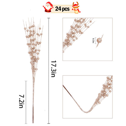 5th LILY 24 PCS Artificial Glitter Holly Berry Stem Ornaments Berry Picks Branches Glittery Bead Sticks for Christmas Tree Decorations Wreath Vase and Home Decor,Champagne