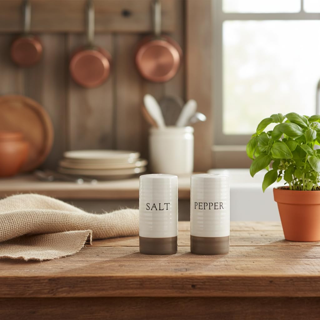 Young's Inc. Farmhouse Mini Ceramic Salt and Pepper Shaker Set - Cute Kitchen Table Accessories and Decor, Small 3-Inch Modern White Rustic Dining Table Decor for Everyday Dining and Gift Giving