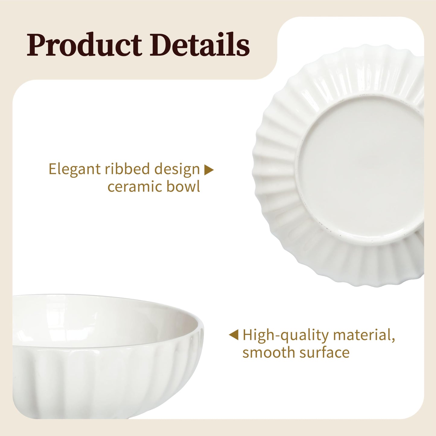 seicasaya 12-Inch Large Ceramic Salad Bowl Set with Wooden Servers, Decorative Serving Bowl with Ribbed Design for Pasta, Fruit (White)