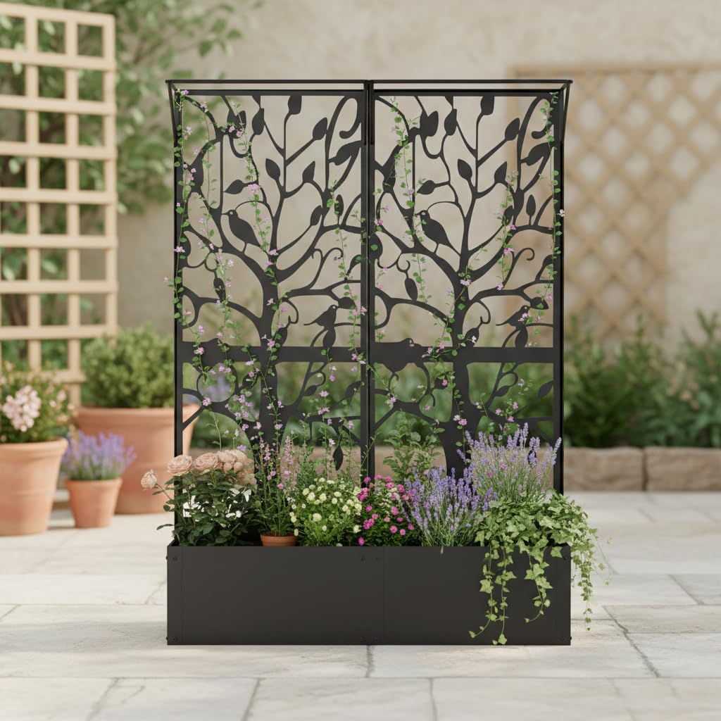 Furtivusia Metal Planter Box with Trellis, Tall Raised Garden Bed for Patio, Outdoor Privacy Planters for Climbing Plants, Vegetables, Fruits, Balcony, Outside, 62.4 x 12.2 x 44.6 Inch, Black