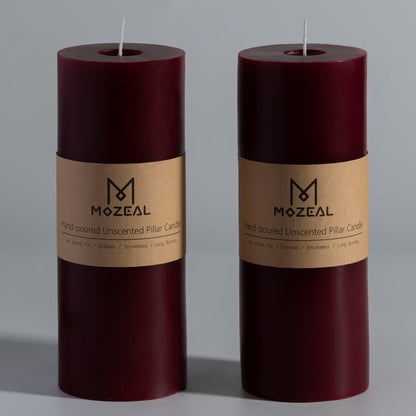 MOZEAL 3" x 8" Hand-Poured Unscented Large Candle, Smokeless Rustic Pillar Candle Set of 2, Slow Burn, No Drip, Approx 150 Hours Burning, Valentine's Day and Home Decorative, Tall Burgundy Candle