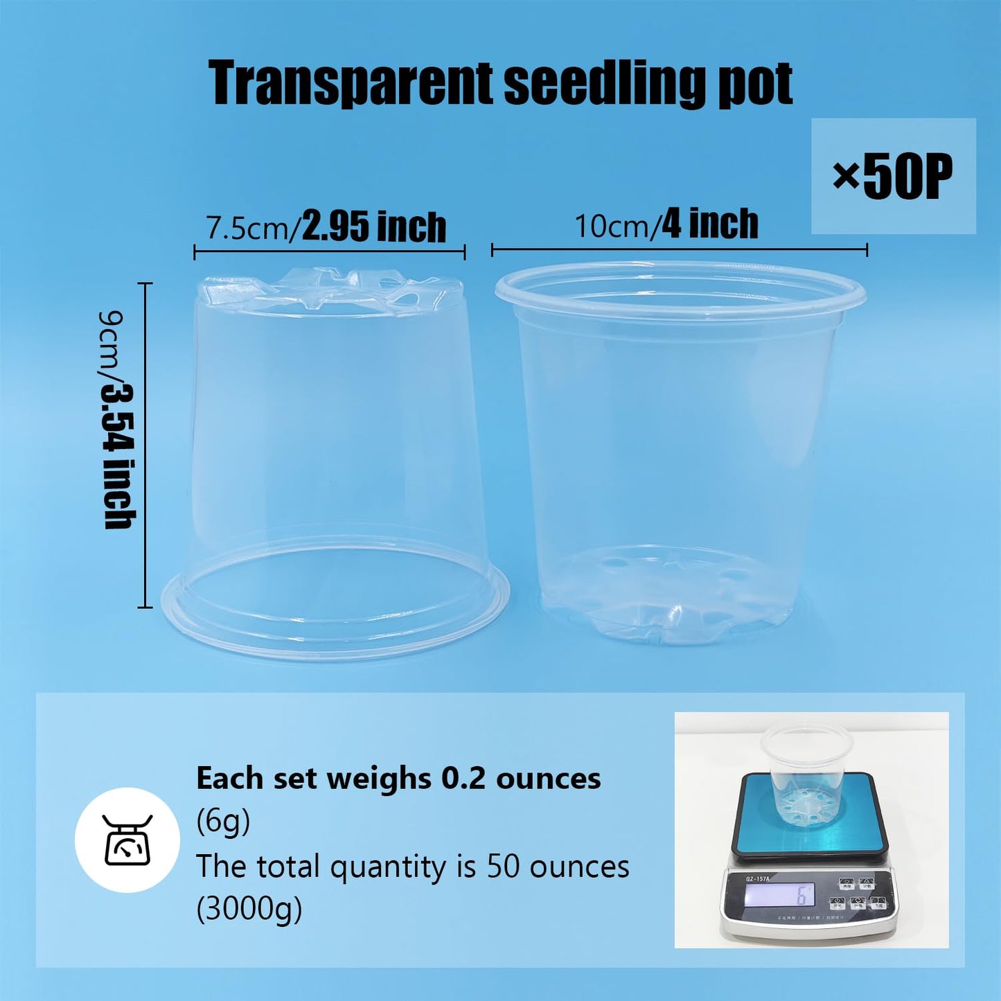 RooTrimmer 4" Clear Seeding Pots 50-Pack Round for Seeds Starting, Seeds Germination Transparent Nursery Pots with Drainage Holes (4Inch,Clear,50Pcs)