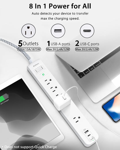 2 Pack Power Strip Surge Protector - 5 Widely Spaced Outlets 3 USB Charging Ports, 1875W/15A with 5Ft Braided Extension Cord, Flat Plug, Overload Surge Protection, Wall Mount for Home Office,White