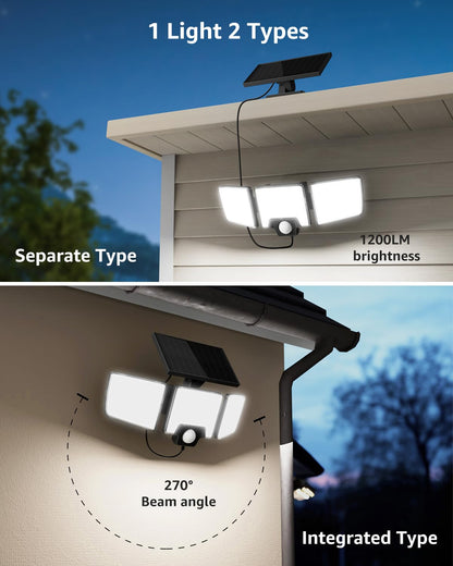Lepro Solar Security Lights Outdoor Motion Sensor, 2 in 1 Separated and Integrated Remote Control IP65 Waterproof Solar Lights with 3 Light Modes, 3 Heads Solar Floodlight for Garden Yard