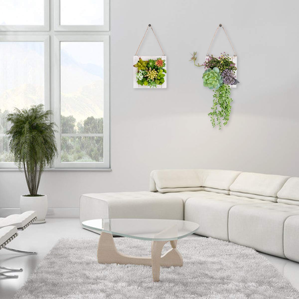 SWTHONY Hanging Wall Artificial Plants for Home Decor Indoor Faux Succulents in Wooden Frame 3D Greenery Decor for Living Room Nursery Backdrop Pake of 2