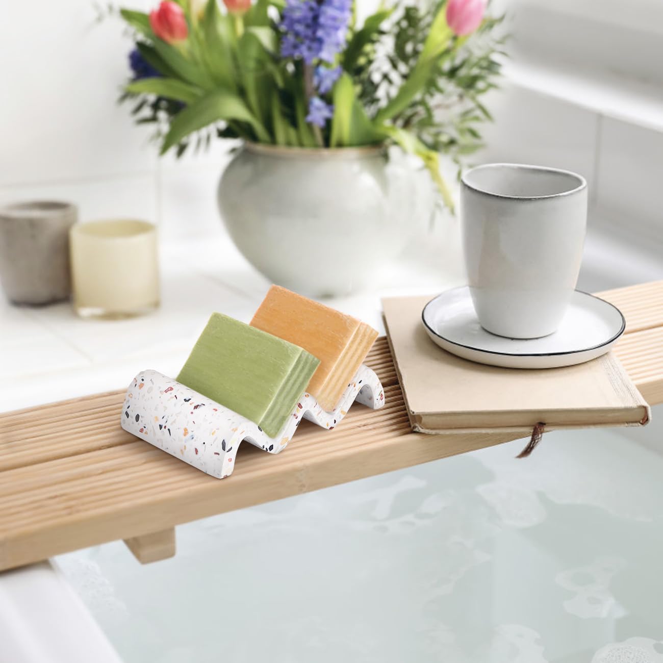 Luxspire Soap Dish, Marble Soap Dish, Self-draining Tray, Soap Holder Saver for Shower, Bathroom, Sink, Kitchen and Countertop, Terrazzo, 2 Pack