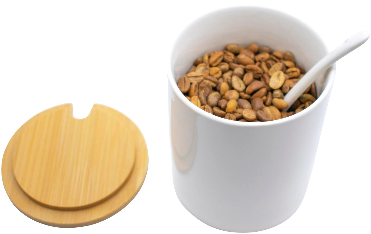 Set of 3 Ceramic Condiment Jars in Varying Sizes With Spoons & Bamboo Lids and Tray (White)