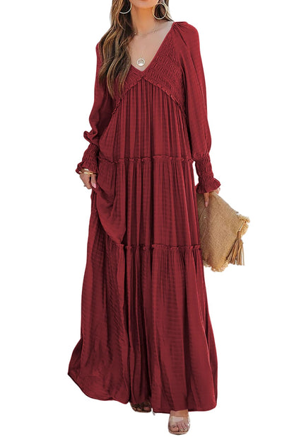 R.Vivimos Maxi Dress for Women Long Sleeve V Neck Empire Waist Layered Ruffle Boho Casual Flowy Long Dresses