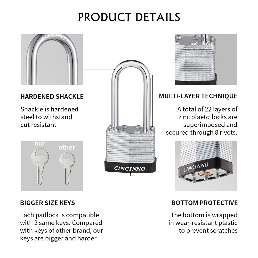 CINCINNO Laminated Steel Padlock with Key，6 Pack Keyed Alike Padlocks with Long Shackle