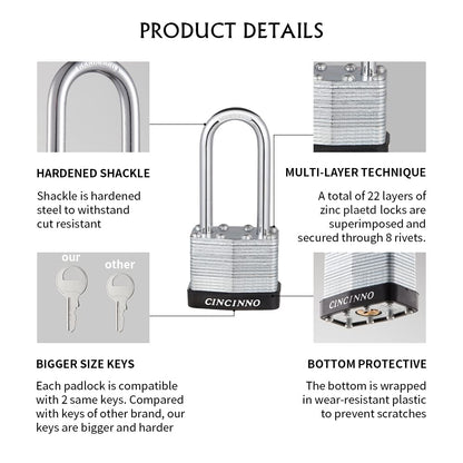 CINCINNO Laminated Steel Padlock with Key，6 Pack Keyed Alike Padlocks with Long Shackle
