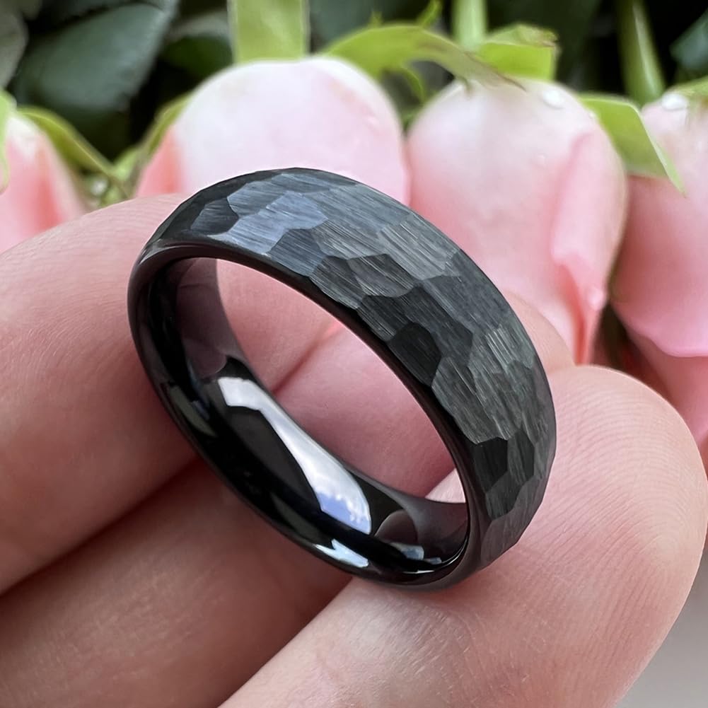 TUTISS 6mm Black Hammered Tungsten Carbide Rings for Men Women Engagement Wedding Bands Domed I Love You Engraved Comfort Fit Size 9