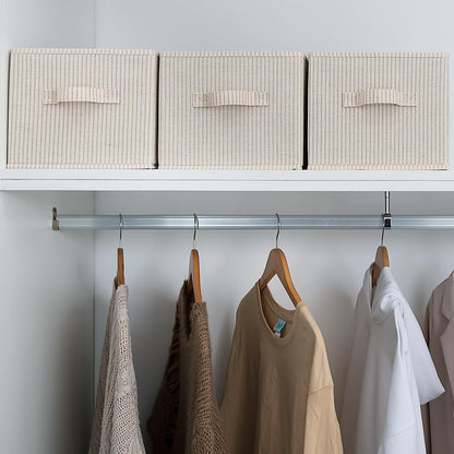 StorageWorks Shelf Storage Boxes, Large Storage Baskets for Shelves, Rectangular Closet Organisers with Handles, Foldable Closet Storage Baskets for Utility Room, Beige Stripes, 3-Pack