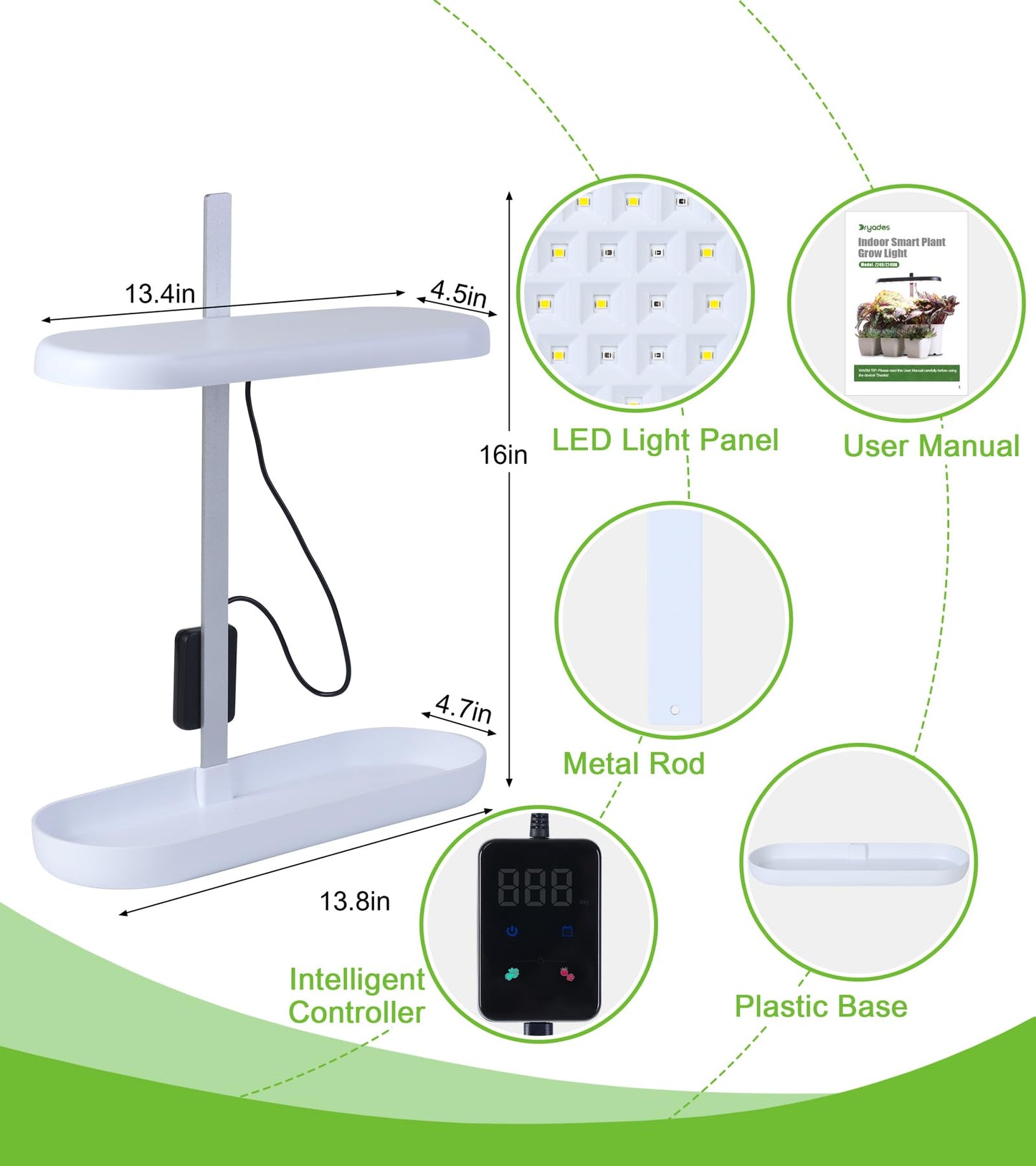 DRYADES Grow Lights for Indoor Plants, 20W Full Spectrum LED Grow Lamp for Indoor Garden with Intelligent Controller, Height Adjustable, Ideal for Home Desk Plant Lighting (White, ABS Base)