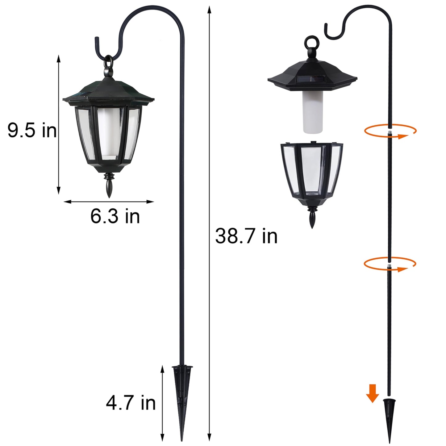 Dynaming 6 Pack Solar Flame Hanging Lights Outdoor, Halloween Solar Flickering Flame LED Garden Lanterns with 6 x 38 Inch Shepherd Hooks, Christmas Lighting for Lawn Patio Yard Pathway Driveway