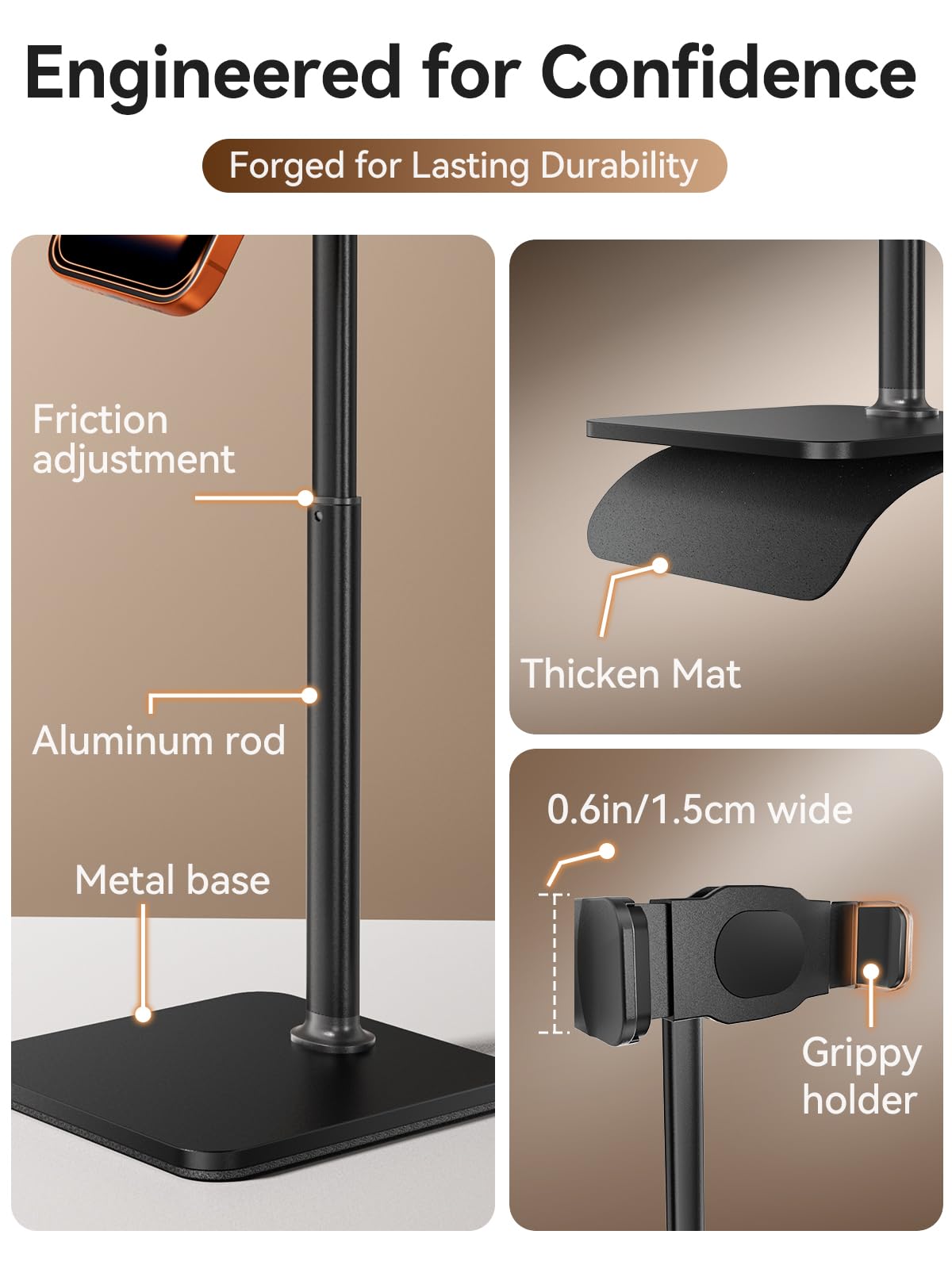 tounee Phone Stand for Desk, 8-11" Height Adjustable Cell Phone Holder for Live Streaming, Video Recording, TikTok – Compatible with iPhone 17/16/15, Samsung, All 4-7" Smartphones -Black