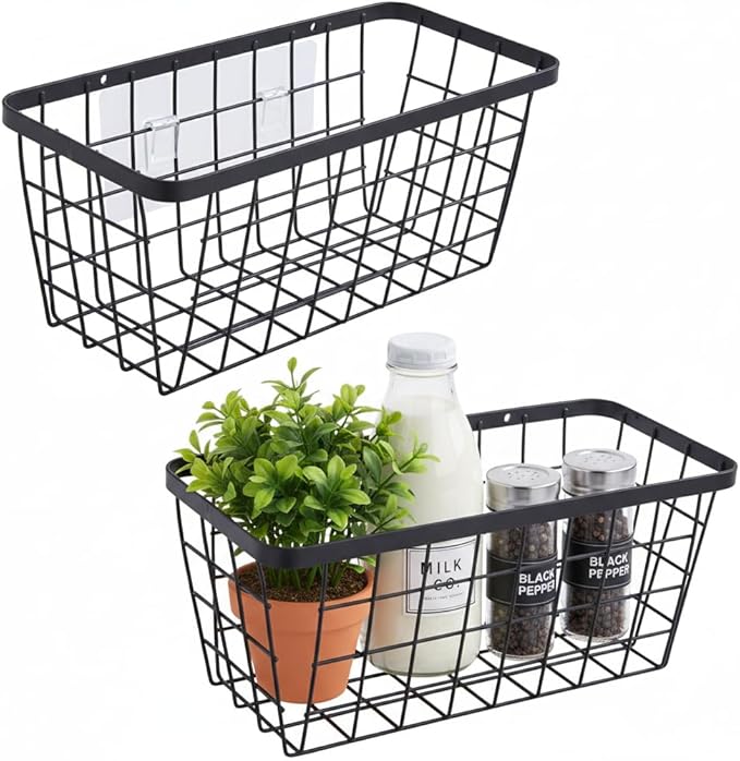 2 Pack Hanging Wall Basket Organizer Over the Cabinet Door Wire Baskets