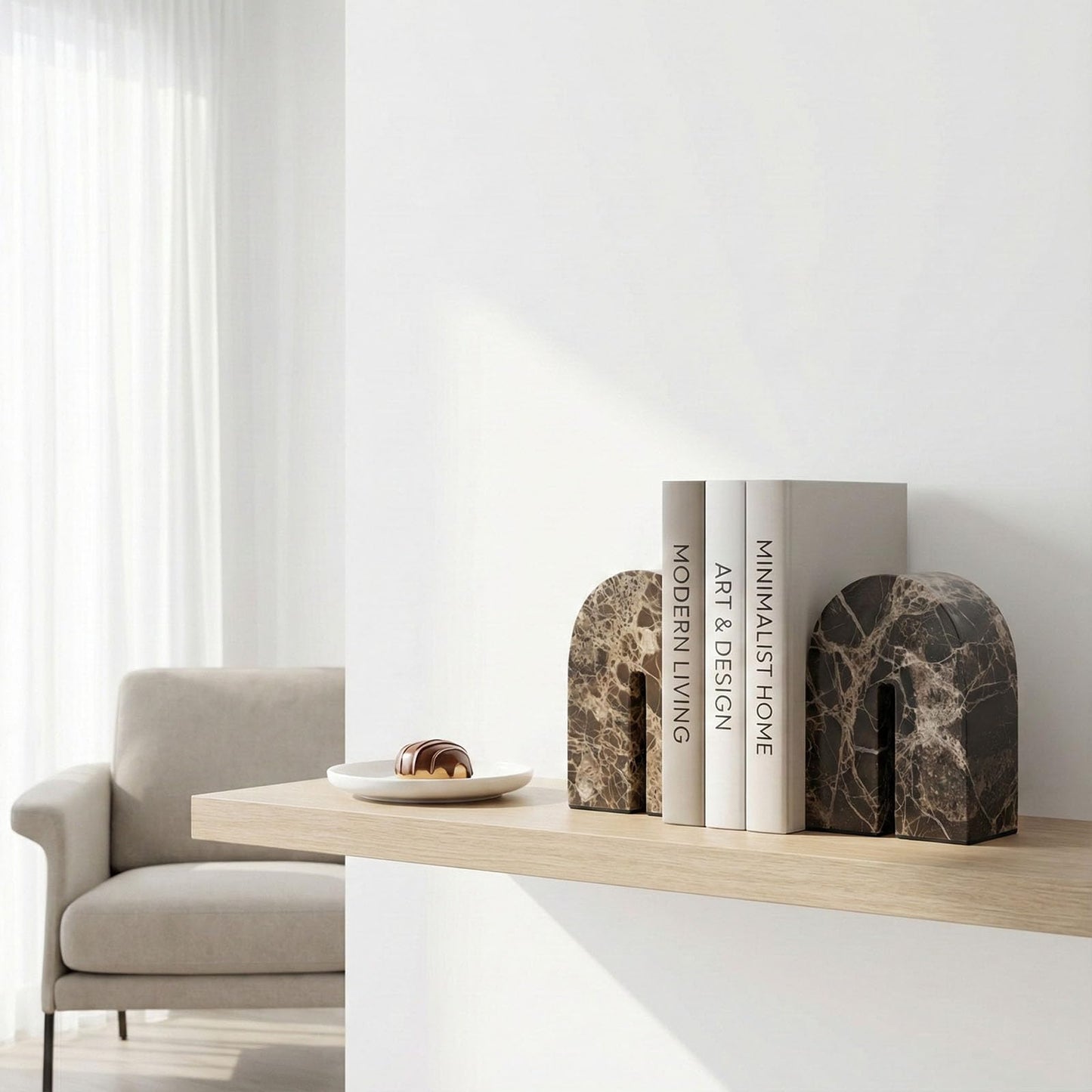 Natural Marble Bookends for Shelves,Unique Brown Arched Book Ends, Office bookends for Heavy Books, Set of 2,Heavy Duty (Brown)