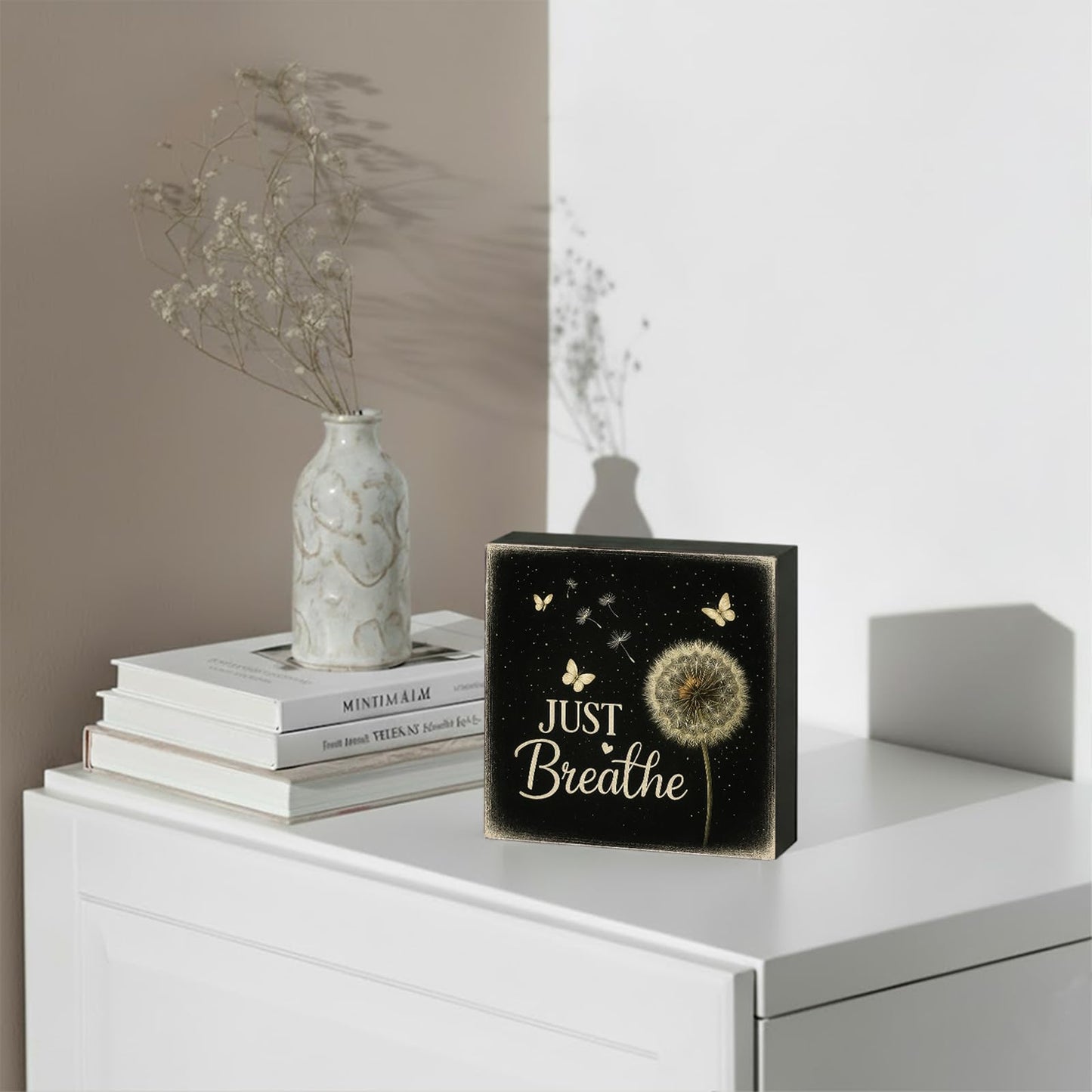 Lriumzn Just Breathe Wood Box Sign, Black, 5x5 Inch