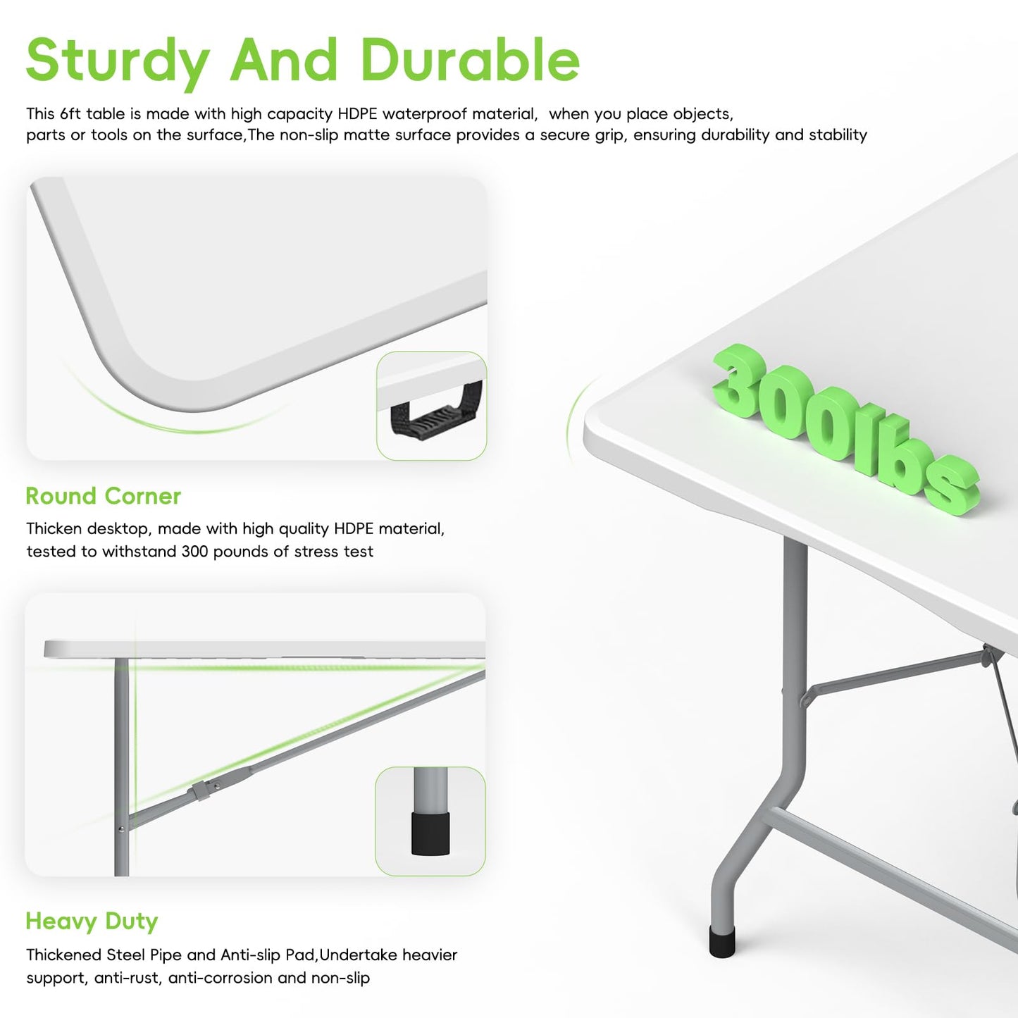 HLPB Folding Table - 2 Pcs, 6 ft Portable Camping Table with Handle and Safety Locks, Foldable Plastic Dining Table for Indoor/Outdoor Use, Perfect for Picnics and Parties