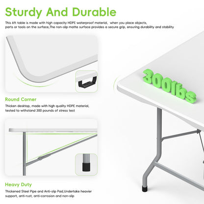 HLPB Folding Table - 2 Pcs, 6 ft Portable Camping Table with Handle and Safety Locks, Foldable Plastic Dining Table for Indoor/Outdoor Use, Perfect for Picnics and Parties