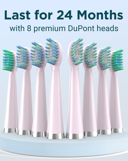 Rtauys M5 Sonic Electric Toothbrush for Adults and Kids - Rechargeable Electric Toothbrush Kids Ages 12+ and Adults with 8 Brush Heads & Travel Case, 120 Days Battery Life - Pink