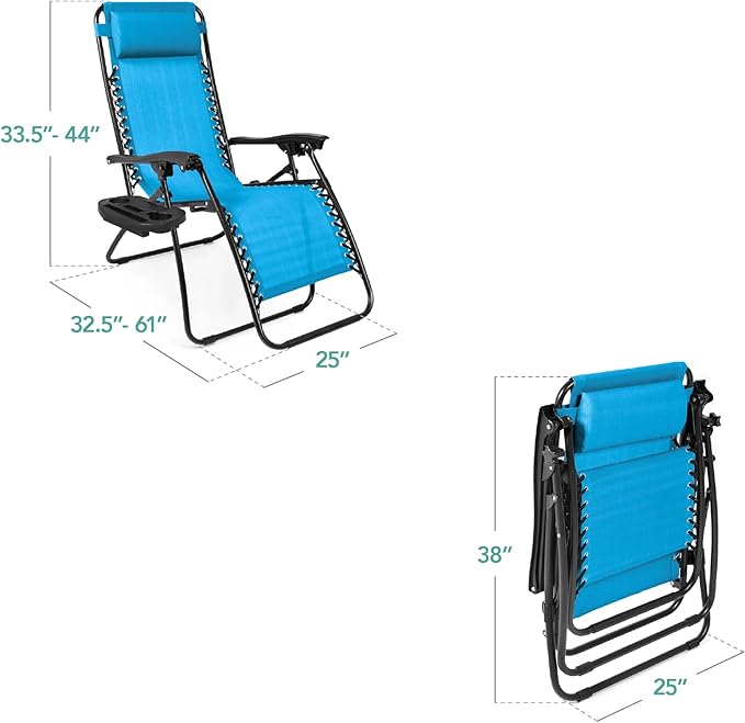 Best Choice Products Set of 2 Adjustable Steel Mesh Zero Gravity Lounge Chair Recliners w/Pillows and Cup Holder Trays - Light Blue