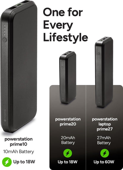 Mophie powerstation prime20 - Ultra-Compact Portable Power Bank with 20,000mAh Internal Battery, 18W USB-C PD Fast Charging, 3-Device Simultaneous Charging, Eco-Friendly Design