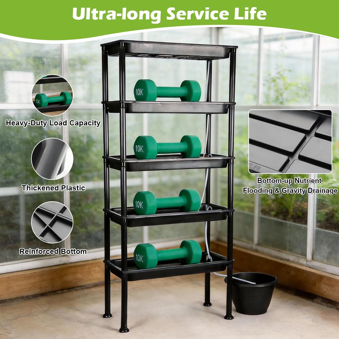 RooTrimmer 5-Tier Hydroponics Growing System, Plant Stand, Ebb and Flow Seedbeds, Siphoning Circulation Watering for Indoor/Greenhouse, Designed for Seed Starter Nursery Cell Trays, Plant Pots
