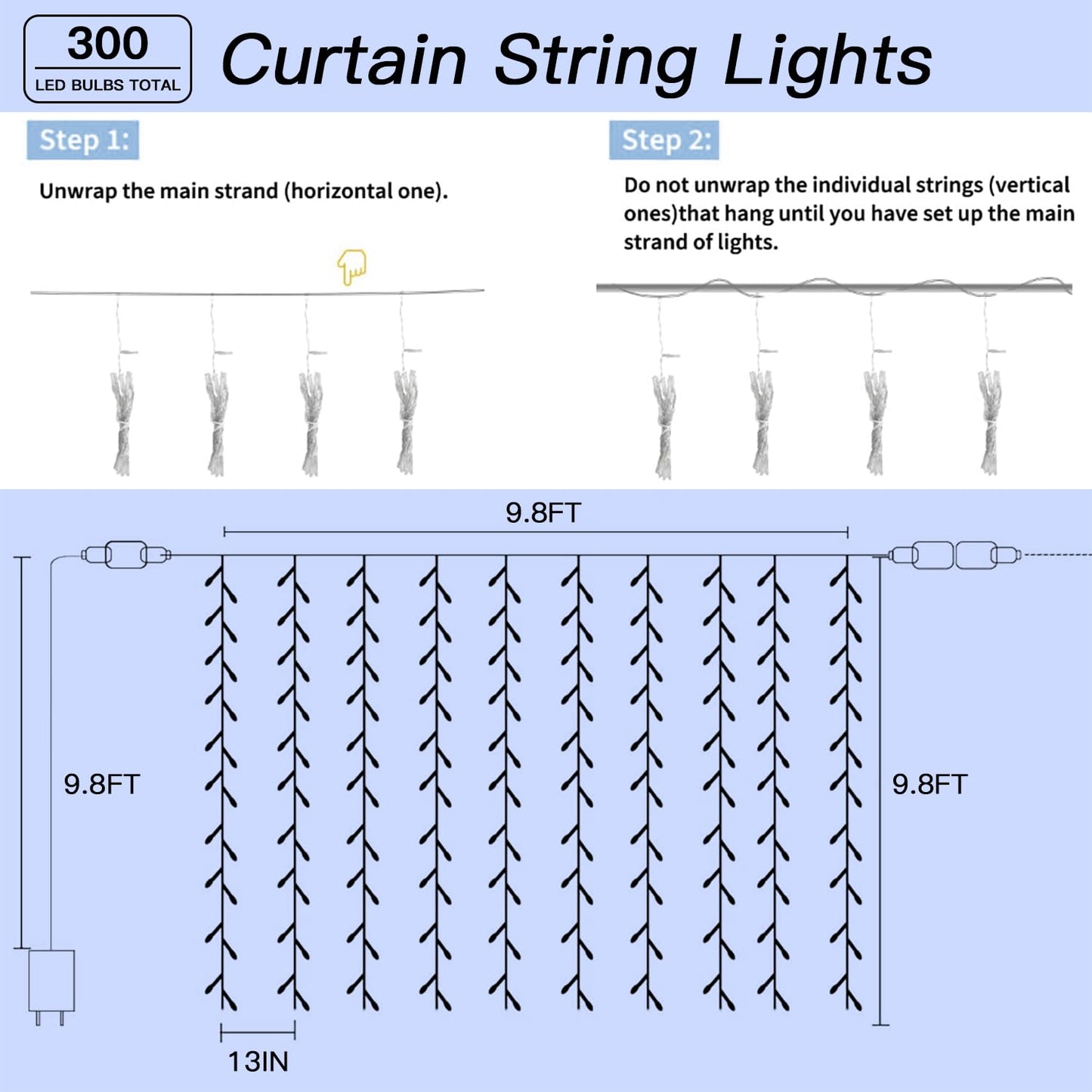 Soagrc 300 LED Cool White Curtain String Lights 9.8x9.8FT Plug in Fairy Lights with 9 Hooks Dimmable Timer & 8 Modes IP44 Waterproof Bedroom Office Wall Wedding Backdrop Christmas Indoor Outdoor Decor