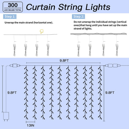 Soagrc 300 LED Cool White Curtain String Lights 9.8x9.8FT Plug in Fairy Lights with 9 Hooks Dimmable Timer & 8 Modes IP44 Waterproof Bedroom Office Wall Wedding Backdrop Christmas Indoor Outdoor Decor