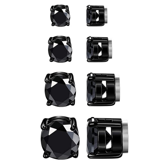 Magnetic Non-piercing Clip On Earrings: Stainless Steel 5-8mm Black CZ Inlay Round Fake Cheater Studs for Men Women, 4 Pairs