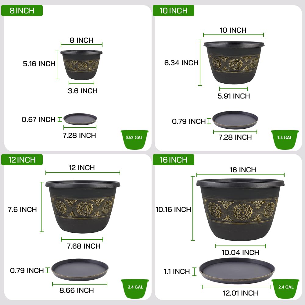 Usocik 4 Pack 16 inch Plant Pots, Retro Pattern Planters with Drainage Holes and Saucer, Sturdy Plastic Garden Flower Pots for Indoor & Outdoor Plants