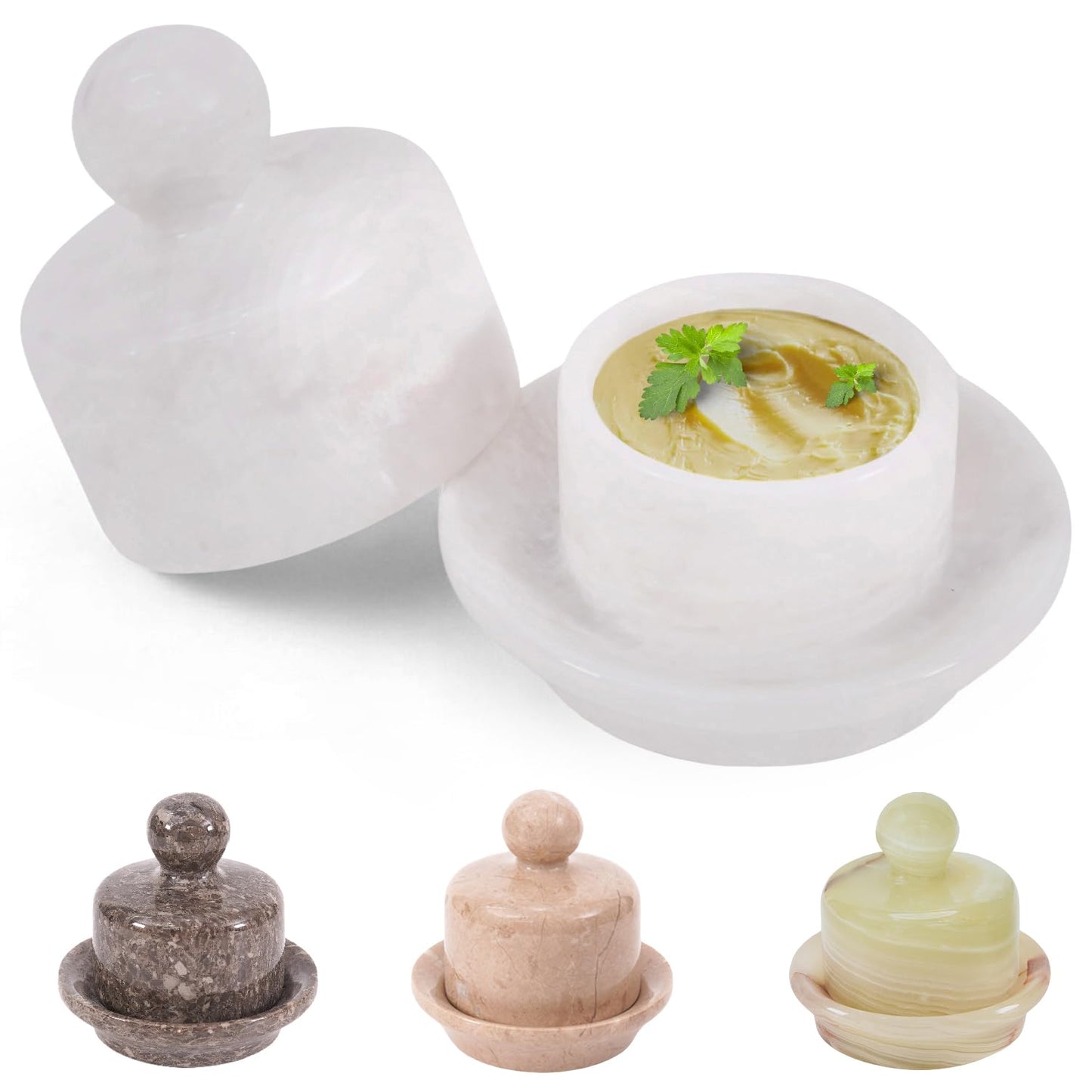 Marble Mini Butter Dish with Lid 4 Inch White French Butter Crock, Soft Butter Spreader, Butter Keeper for Kitchen Décor and Storage, Gift for Her Mother’s Day