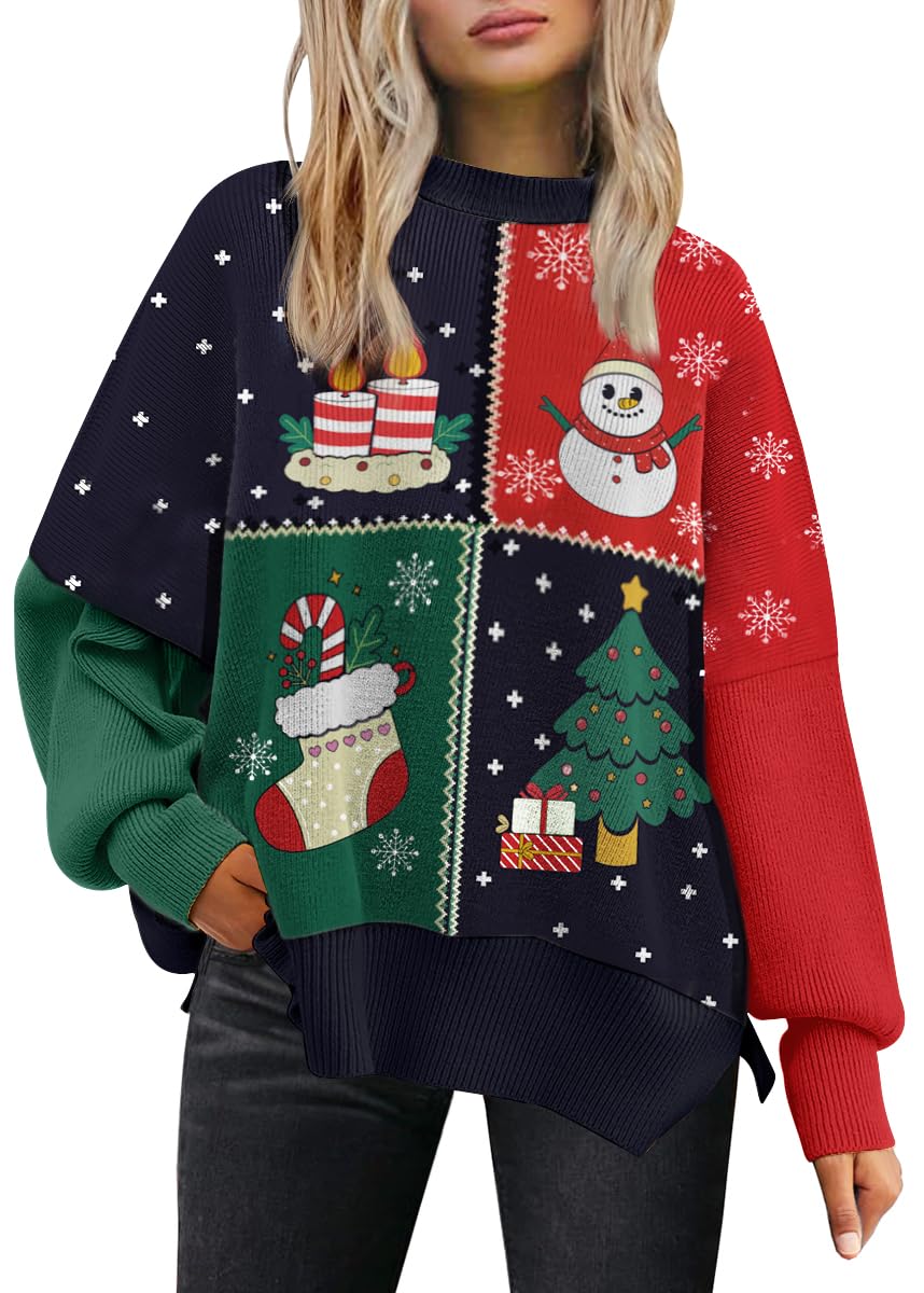 LILLUSORY Ugly Christmas Sweater Women 2025 Fall Fashion Outfits Trendy Crewneck Knit Cute Lightweight Sweater Pullover Tops Winter Clothes Red Green S