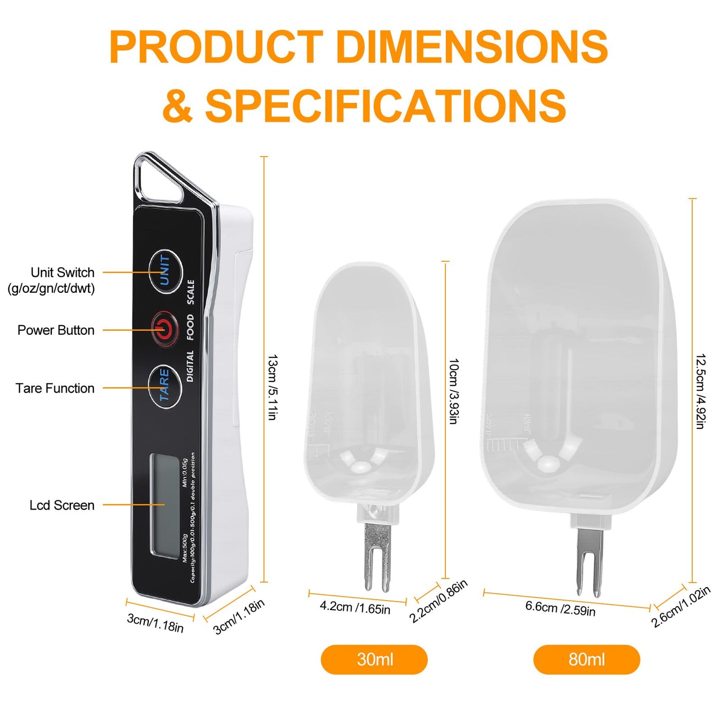 Dioche Digital Measuring Spoon Scale, High Precision 0.05g to 500g Capacity, with 30ml & 80ml Detachable Spoons, Tare Function & Unit Conversion for Baking, Cooking, Pet Food, Kitchen - Black