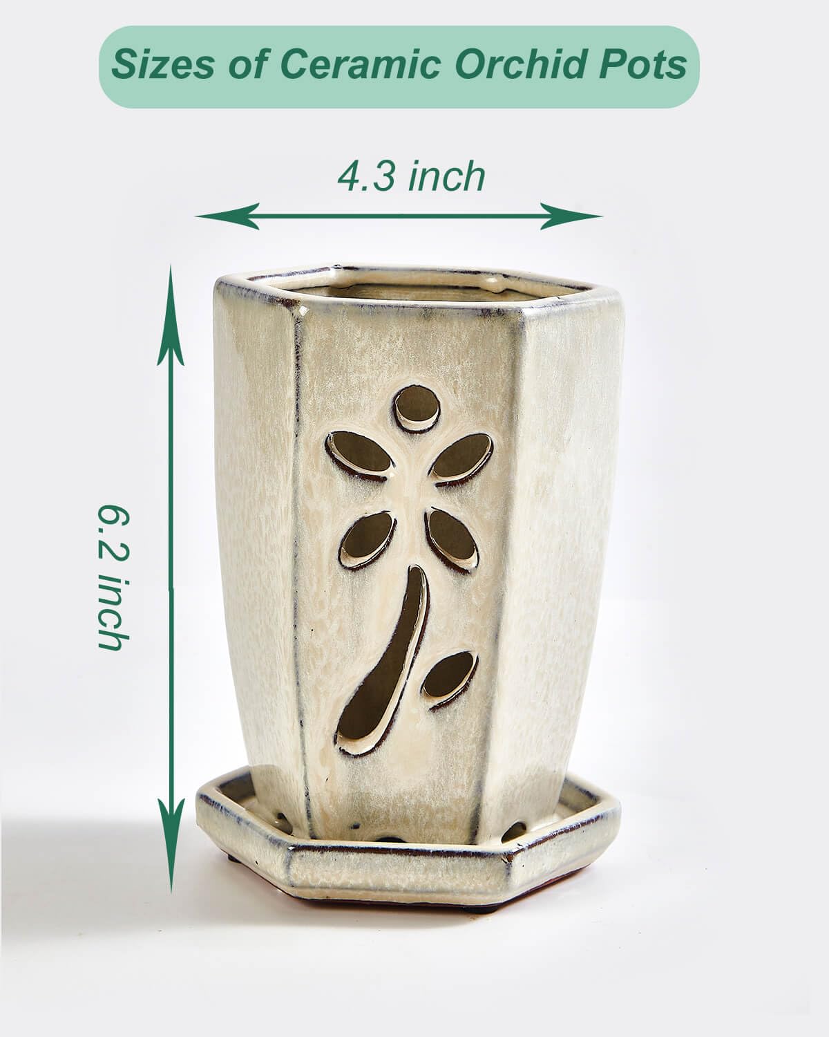 vensovo 4 Inch Ceramic Orchid Pot with Holes and Attached Saucer, Small Hexagon Orchid Planter for Repotting, Promotes Air Circulation and Drainage for Healthy Roots, Indoor Outdoor, Milk White