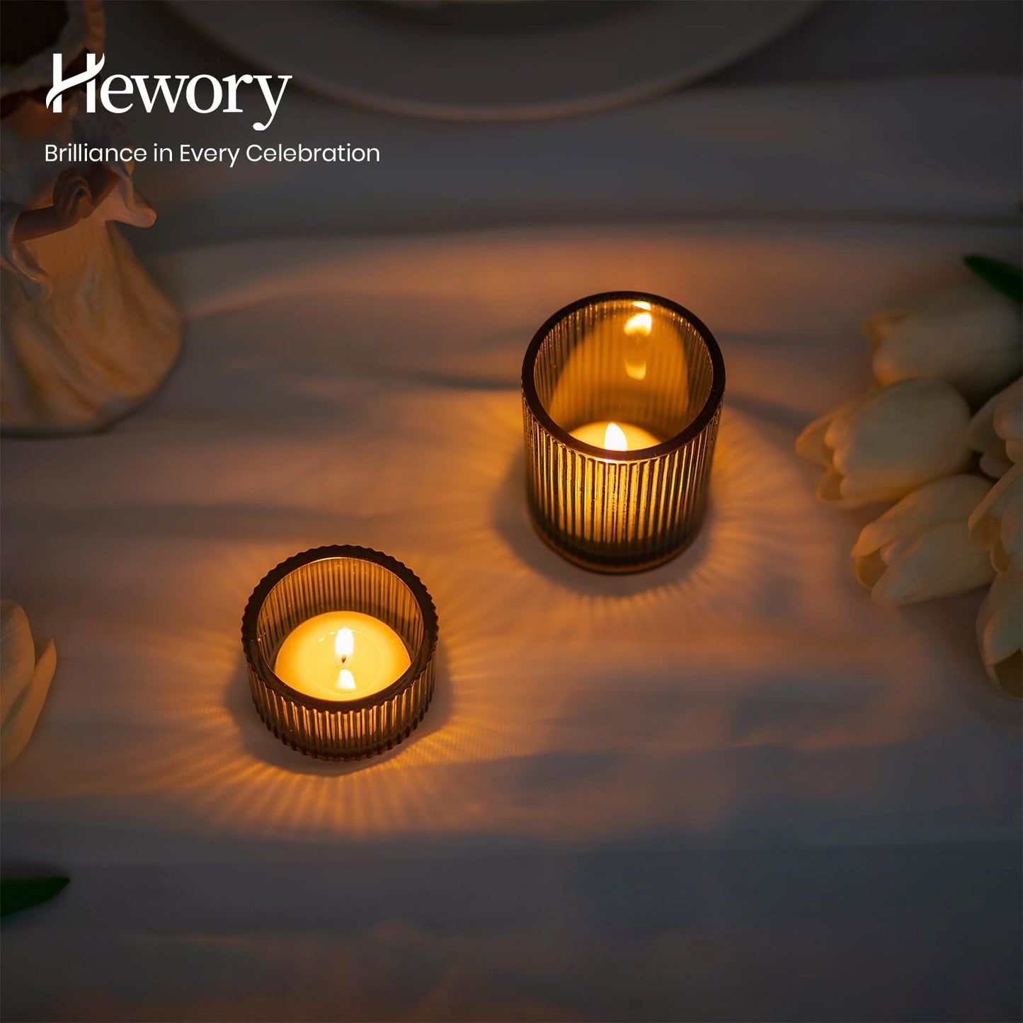 Hewory Glass Tealight Candle Holder: 24 Pcs Dark Green Votive Tea Lights Candle Holder, Ribbed Tea Light Holders Fall Decorations for Thanksgiving Table Centerpiece Wedding Party Home Decor