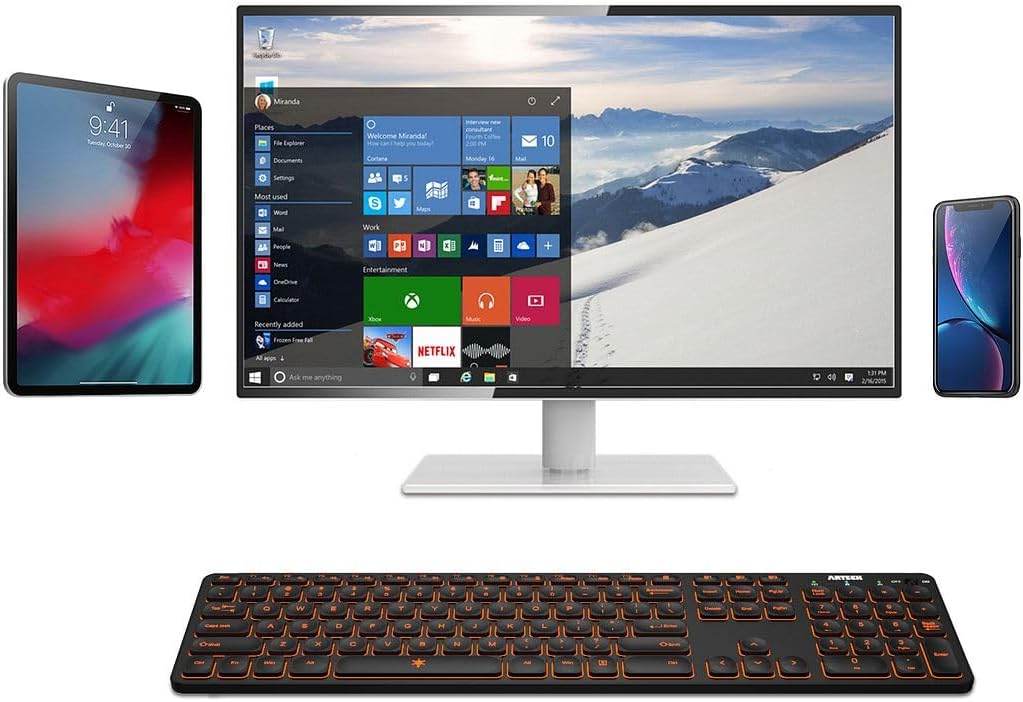 Arteck Universal Backlit 7-Colors & Adjustable Brightness Multi-Device Full Size Wireless Bluetooth Keyboard for Windows, iOS, iPad OS, Android, Computer Desktop Laptop Surface Tablet Smartphone