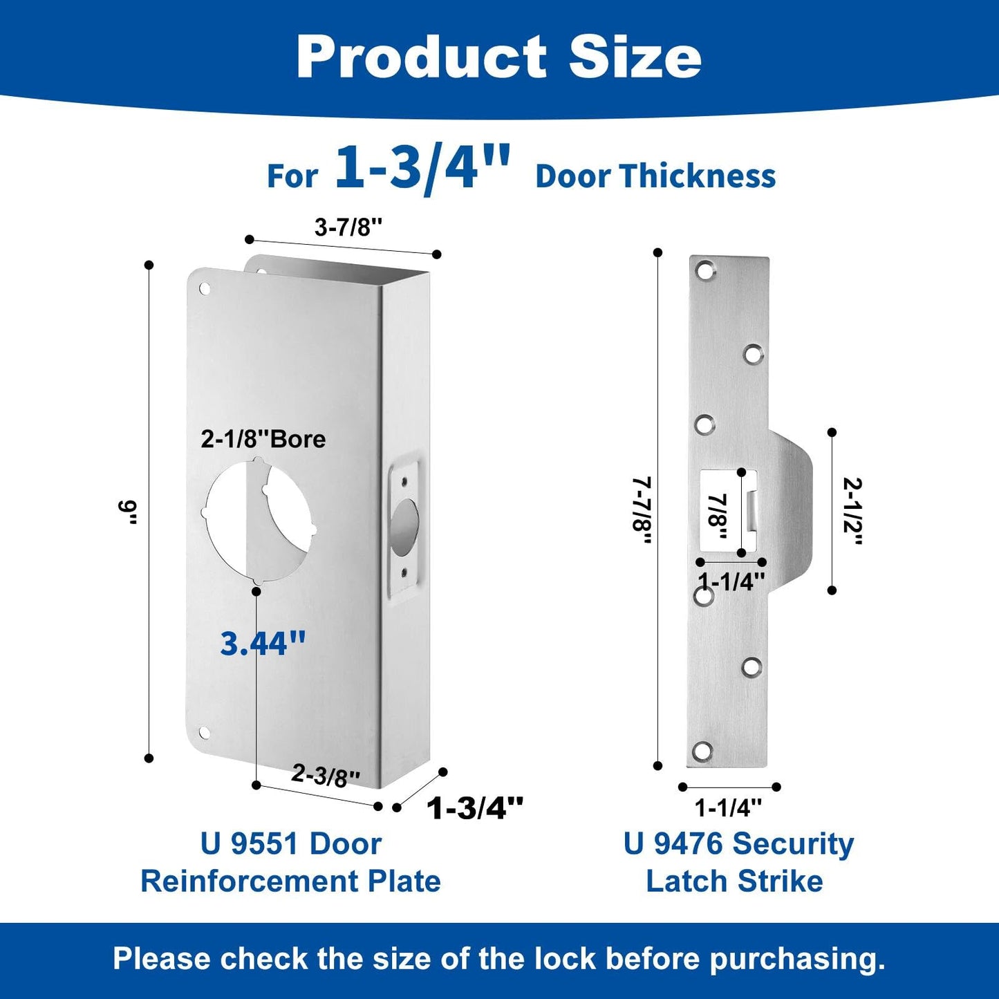 U 9551 Stainless Steel Lock and Door Reinforcement Plate fits 1-3/4"Thick Doors and Includes the U 9476 Security Latch Strike (1-1/4 "x 7-7/8").