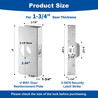 U 9551 Stainless Steel Lock and Door Reinforcement Plate fits 1-3/4"Thick Doors and Includes the U 9476 Security Latch Strike (1-1/4 "x 7-7/8").
