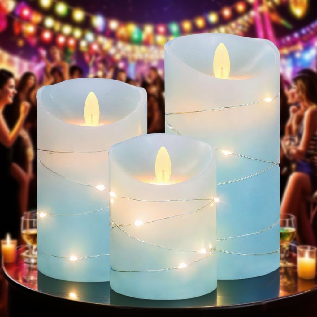 MELTONE Nautical Flameless Candles with String Lights Real Wax Ocean Blue Flickering Battery Operated Candles with Remote Control & Timer - Home Farmhouse Xmas Kitchen Dining Room Decor - Set of 3