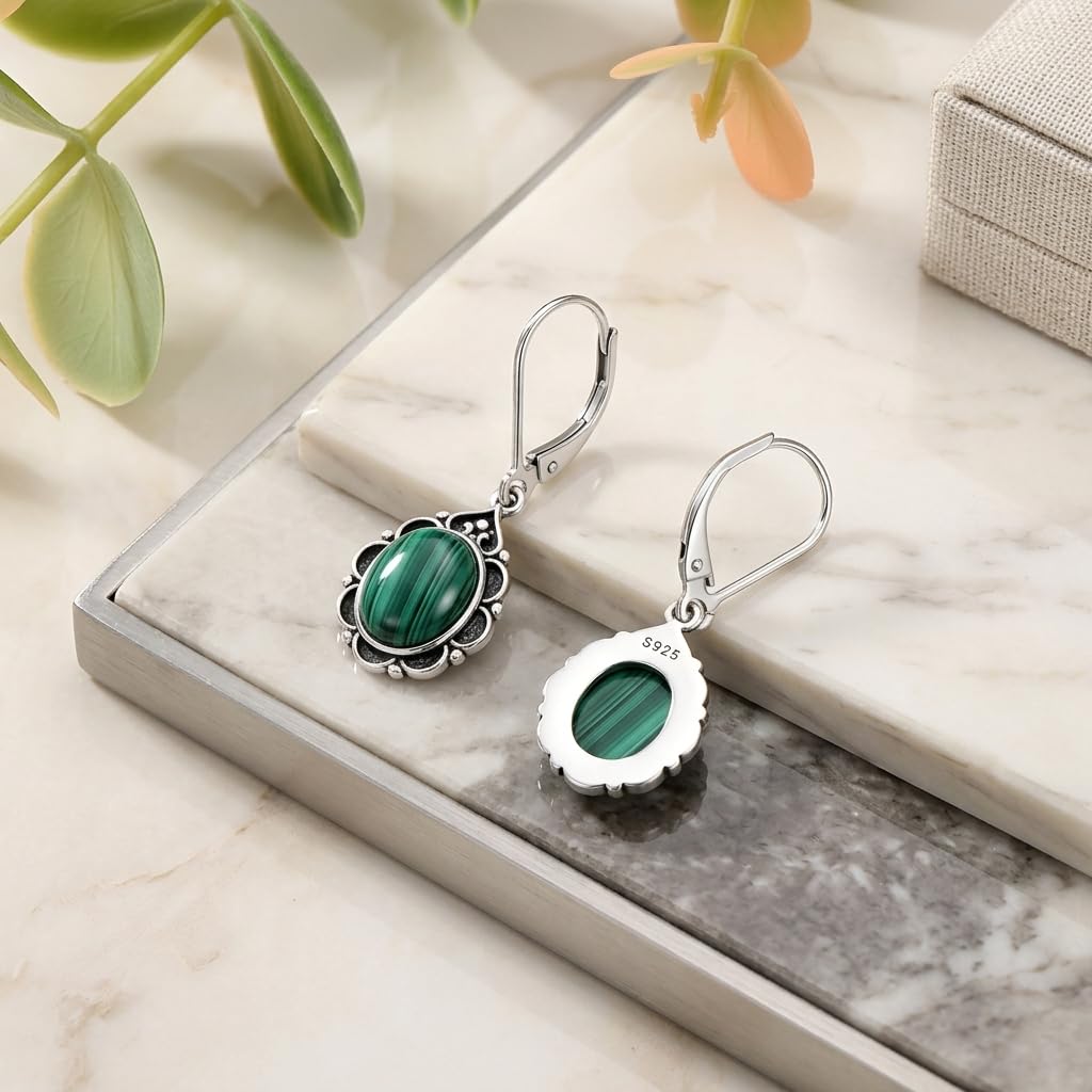 Malachite Drop Earrings for Women 925 Sterling Silver Vintage Oval 9x7mm Filigree Leverback Dangle Earrings, Gothic Victorian Antique Jewelry Gifts