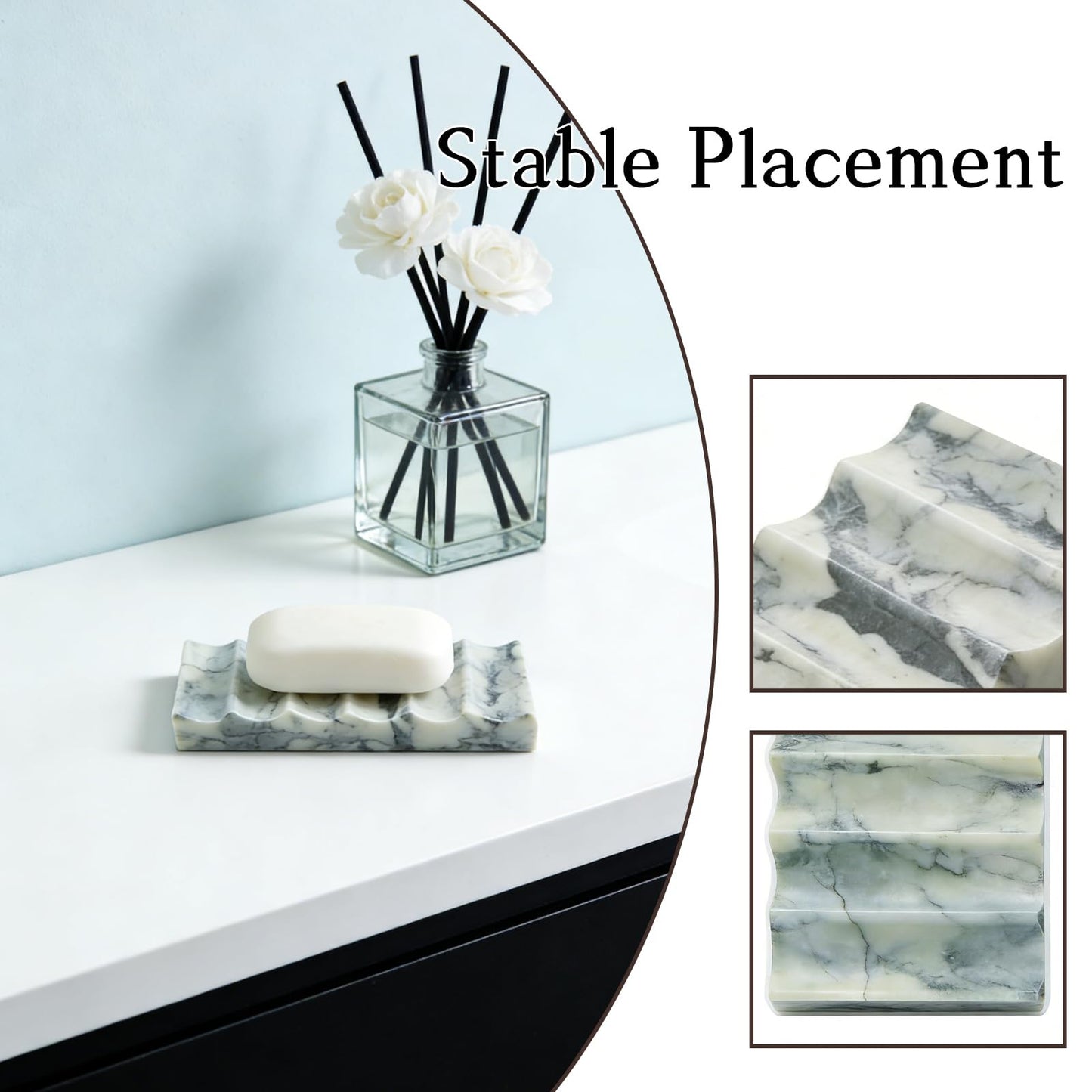 Marble Soap Dish, Draining Soap Dish - Rectangular Lotus Green with Natural Stone Texture, Non-Slip Bathroom Soap Holder for Shower/Bathroom Countertop, Decorative & Durable